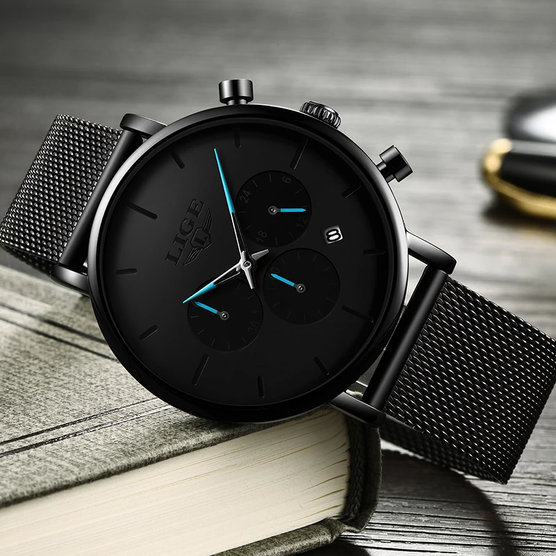 LIGE Fashion Mens Watches Top Brand Luxury Quartz Watch Men Slim Mesh Steel Waterproof Sport Chronograph Watch Relogio Masculino