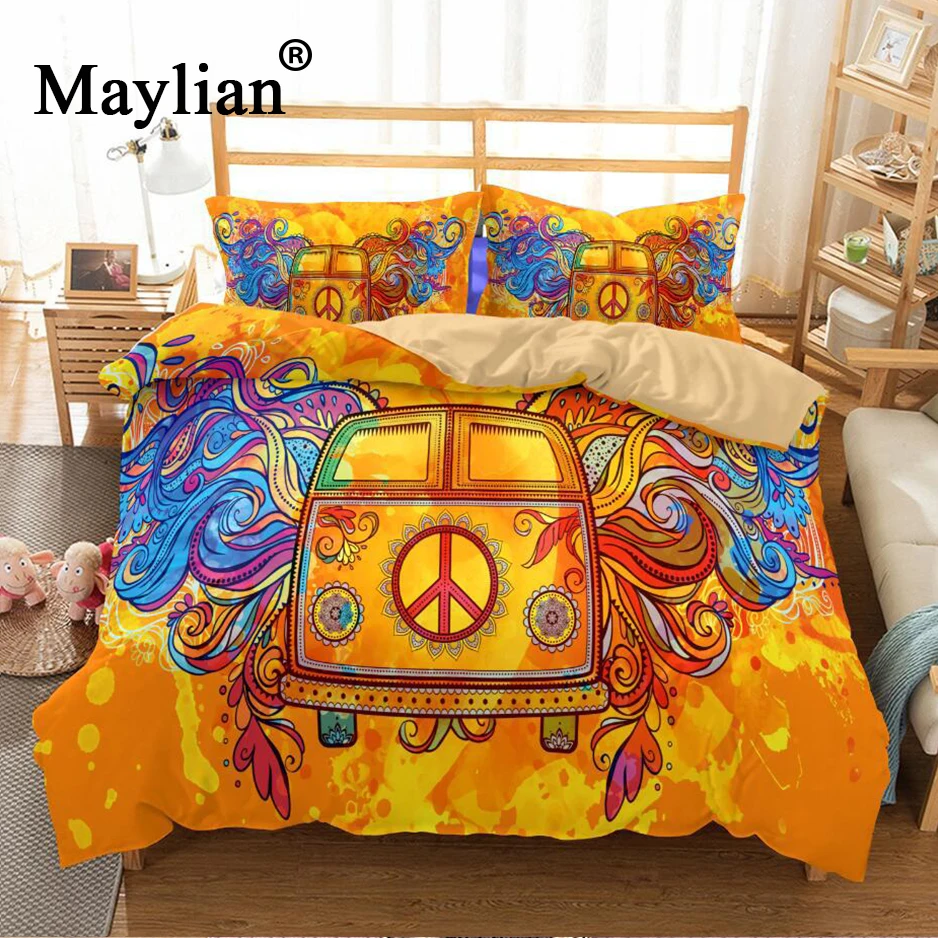 

Hippie Vintage Car Bedding Set Orange Mandala Quilt Cover Peace Design Bed Set Bohemian a Mini Van Bedclothes 3pcs BE1109