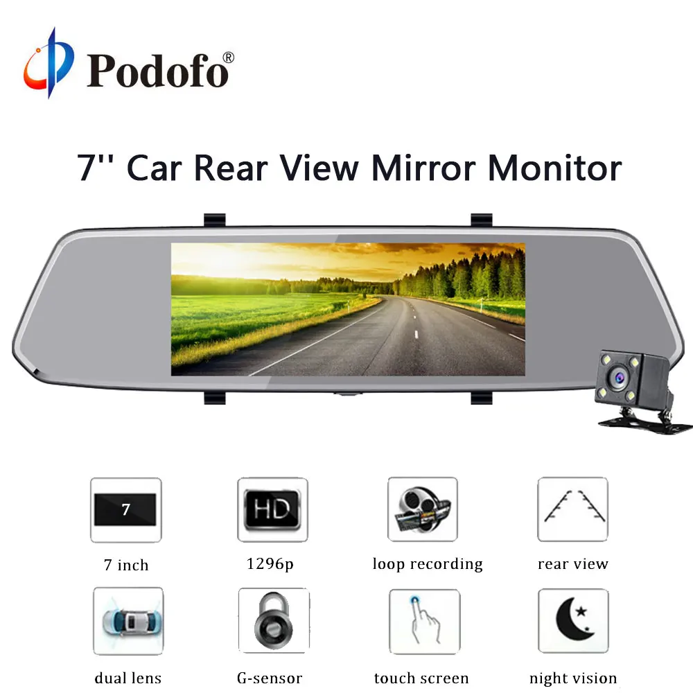 Podofo 7'' 1080P HD Car DVR Mirror Camera Video Recorder Rear View Camera Dual Lens Touch Screen Recorder Registrator Dash Cam Podofo 7'' 1080P HD Car DVR Mirror Camera Video Recorder Rear View Camera Dual Lens Touch Screen Recorder Registrator Dash Cam