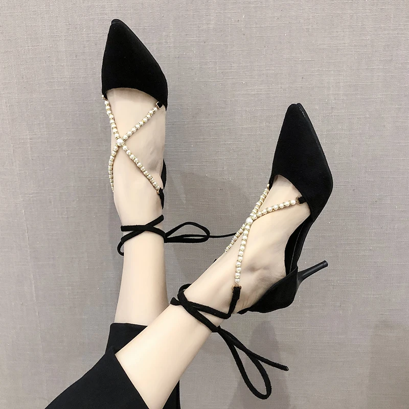 2019 summer new pearl pointed cross strap stiletto ladies sandals high heels