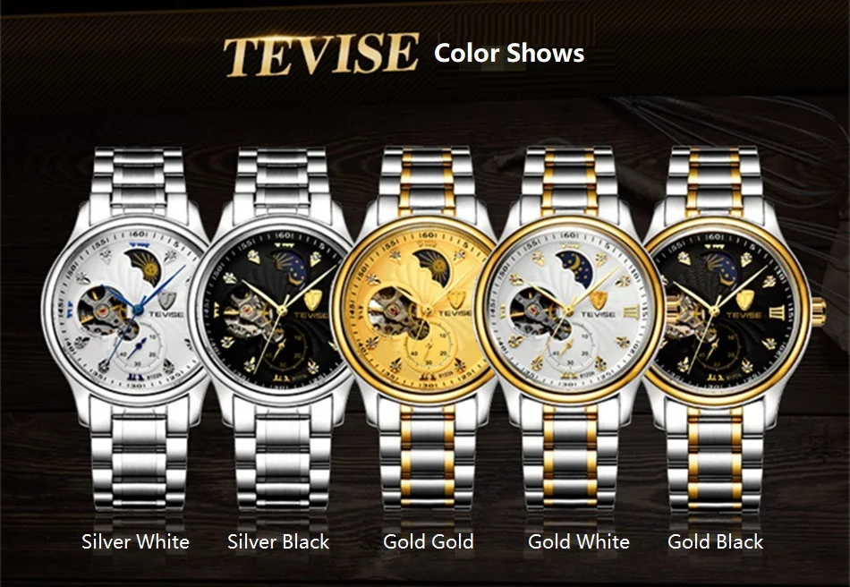 ساعة ماركة الرجال الفاخرة TEVISE توربيون التلقائية ساعات آلية للماء القمر المرحلة الصلب Mens Wrist Watches الذكور ساعة