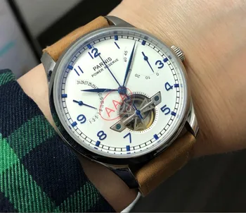 

Sapphire crystal 43mm PARNIS white dial power reserve Automatic Self-Wind Mechanical movement men's watch Leather Starps pa94-p8