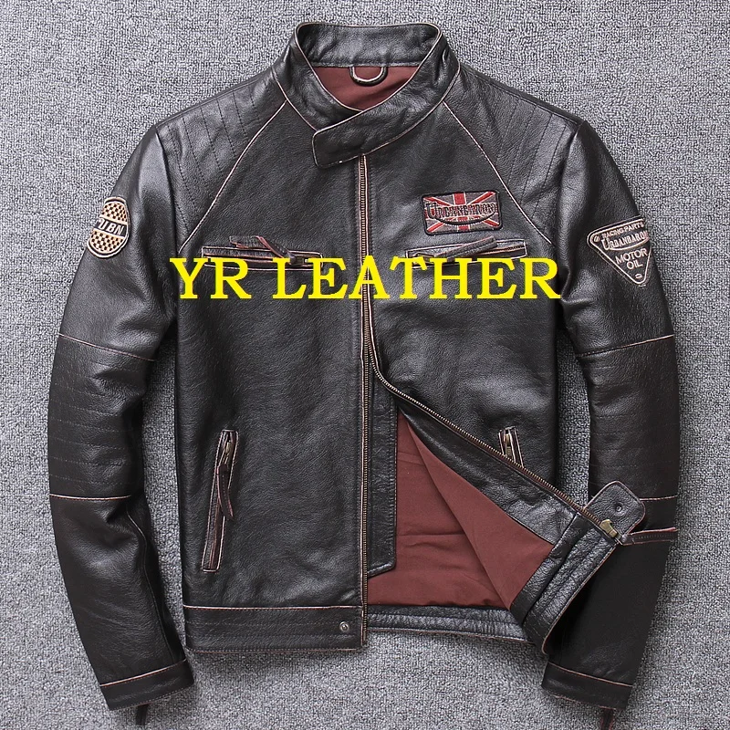 

YR!Free shipping.fashion motor biker genuine leather jacket.100% cowhide coat.mens plus size slim leather jackets,Popular sales