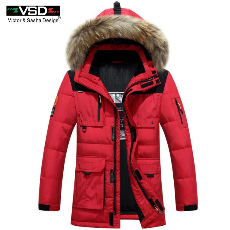 VSD Новинка года зимняя куртка-пуховик енота Мех капюшон Для мужчин; одежда высокого качества повседневные куртки утолщение Мужские парки мужской большой пальто 1806 - Цвет: Red