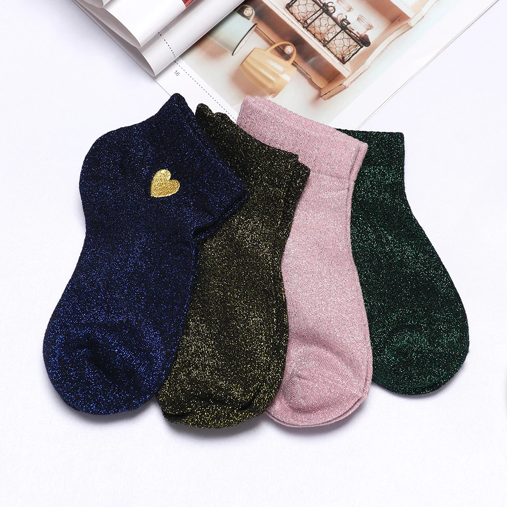 Women Embroidery Love Heart Glitter Socks Fashion Funny Gold Silver