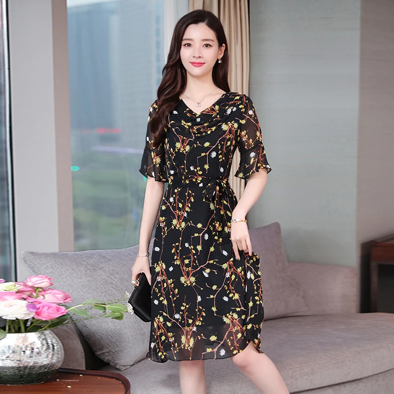 

Summer Women Boho Floral Print Midi Dress Long lady Chiffon Casual Elegant Office Dress Vintage Vacation Tropical Sundress New