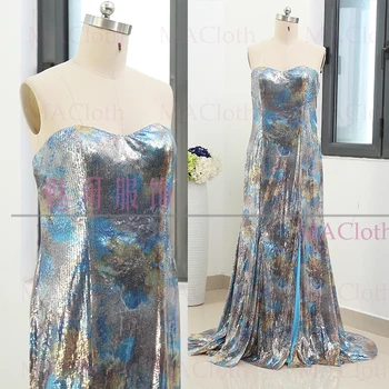 

Sky Blue Sweep Train Strapless Floor-Length Long Beading Sequin Prom Party Formal Evening Dress 261895