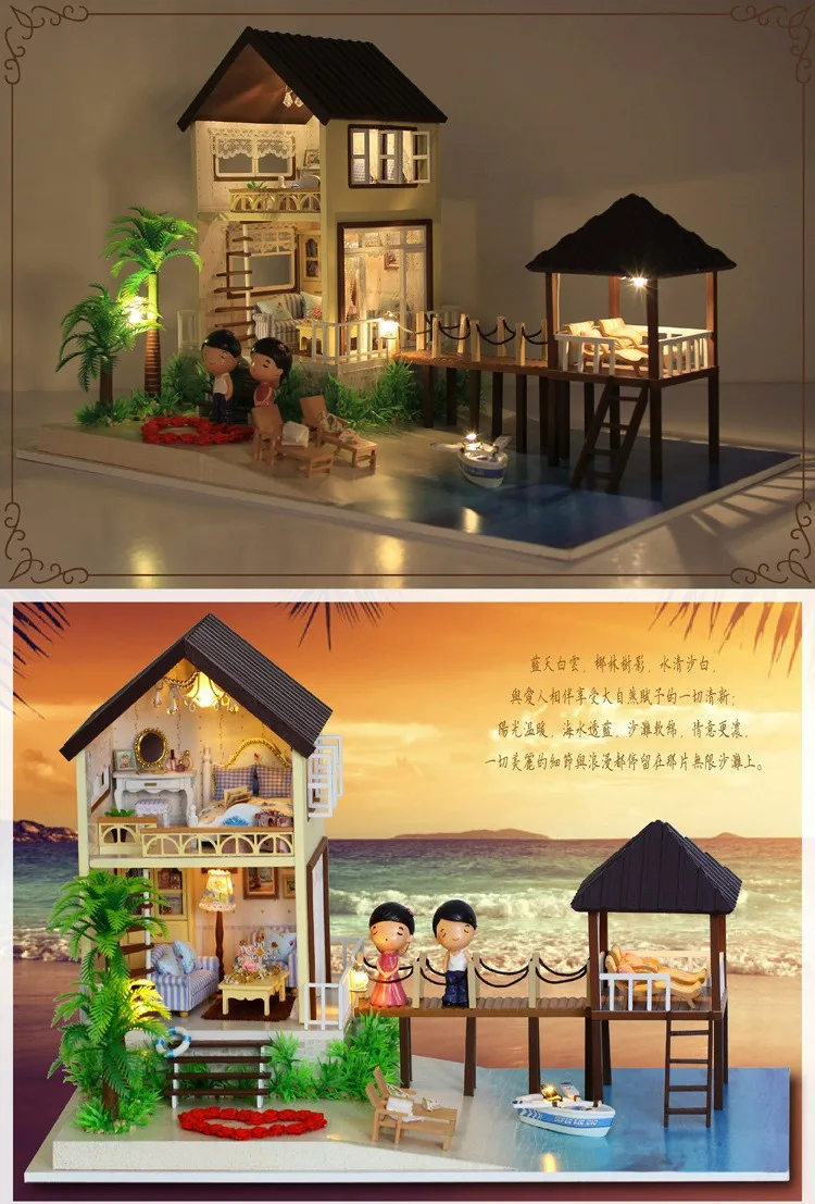 A027 большой кукольный домик Миниатюрный DIY ручной работы Мальдивы Деревянный Кукольный дом все дома Мебель включая 3D светодиодные фонари