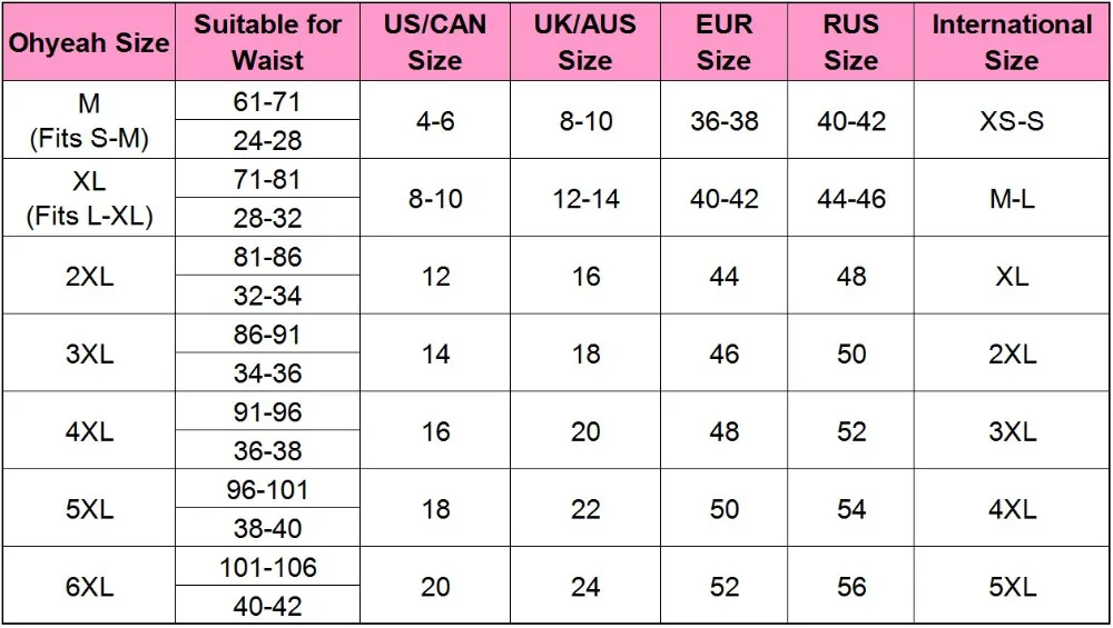 Ohyeah Panty Size Chart