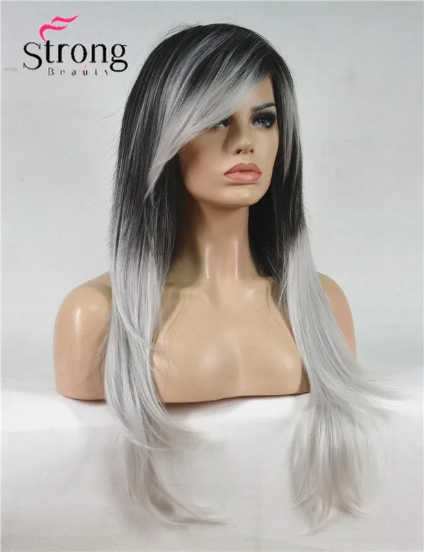 Длинный прямой синтетический парик черного/серебристого/серого цвета|wig wig|side bang