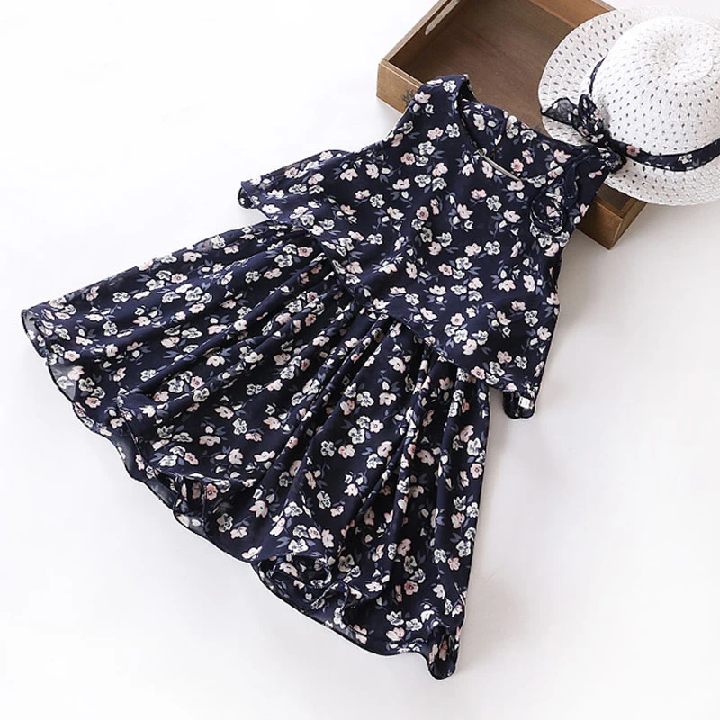 Girls Floral Chiffon Dress Fashion Farmhouse Style Girls Clothes Summer Sleeveless Princess Dress+Hat Kids Girls Dress Clothes bohemian sleeveless floral print loose fitting chiffon dress for women
