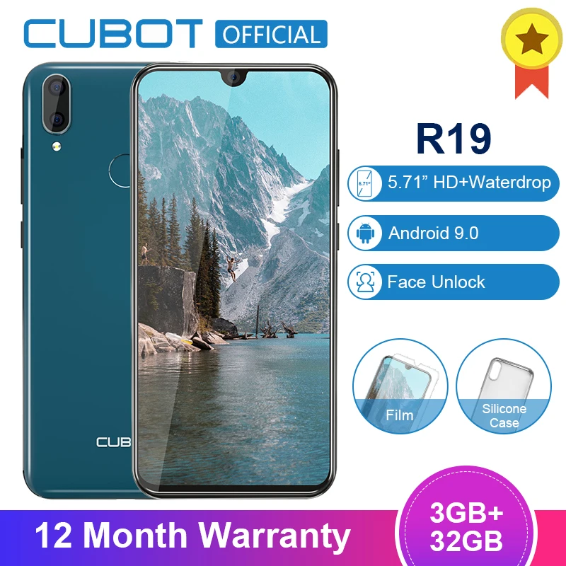 

Cubot R19 Android 9.0 19:9 3GB 32GB Quad Core Fingerprint Smartphone 5.71''Water Drop Screen Dual Back Cams Face ID Mobile Phone