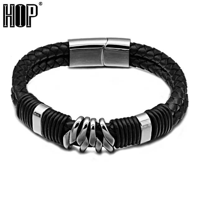 Hip Punk Stainless Steel Magnet Bracelets 23cm Double Layer Black Hip Punk Stainless Steel Magnet Bracelets 23cm Double Layer Black Handmade Genuine Leather Bangles For Men