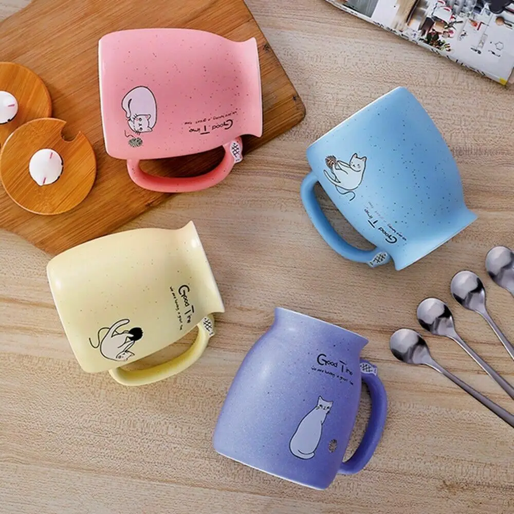 

US STOCK Cat Coffee Mug Kitty Funny 450ML Ceramic Tea Cup Spoon+Wood Lid Cover