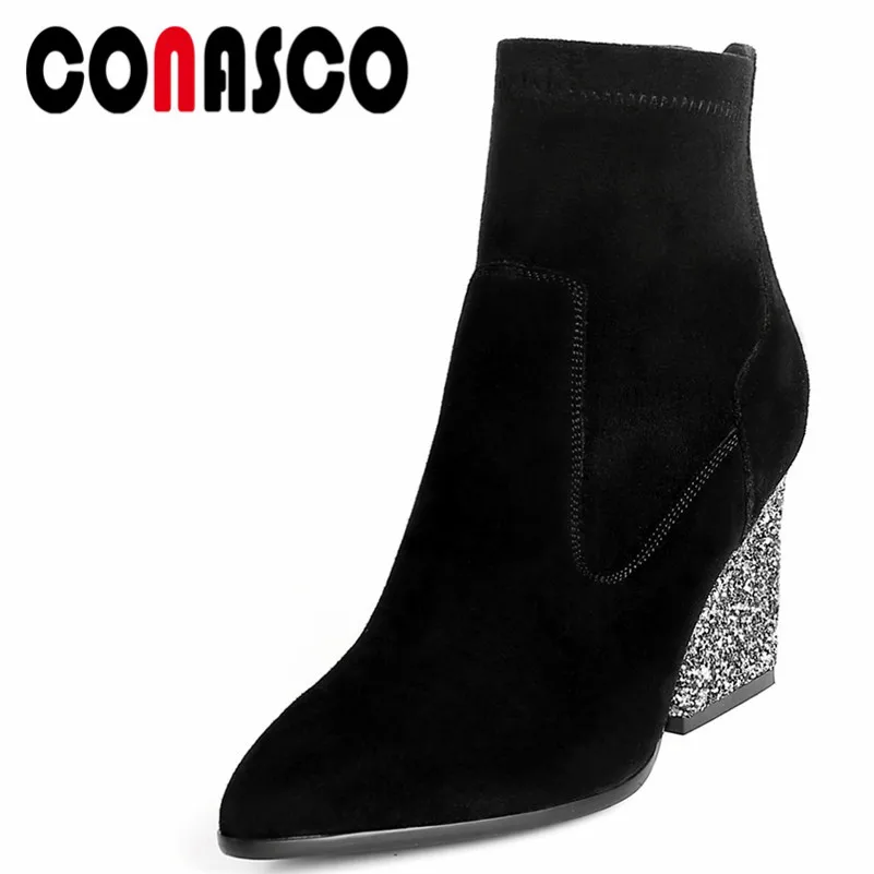

CONASCO Brand Women Party Prom Short Ankle Boots Suede Autumn Winter Warm High Heels Party Shoes Woman Zipper Martin Shoes