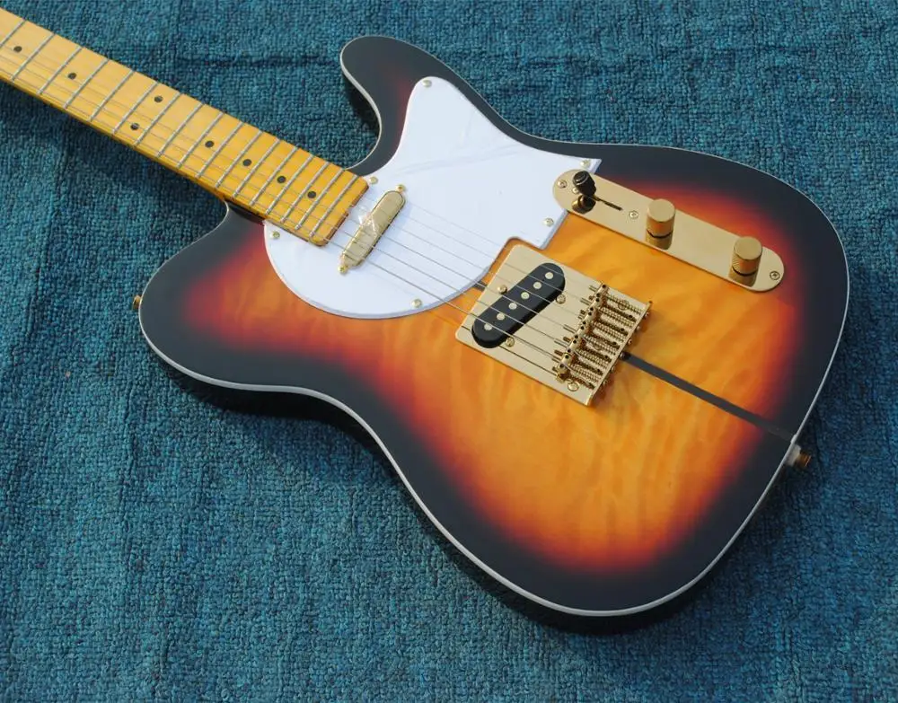 

Factory Sunset burst TL Electric Guitar with Quilted Maple top,Custom shop Golden Hardware Solid Electric Guitarra,Wholesale