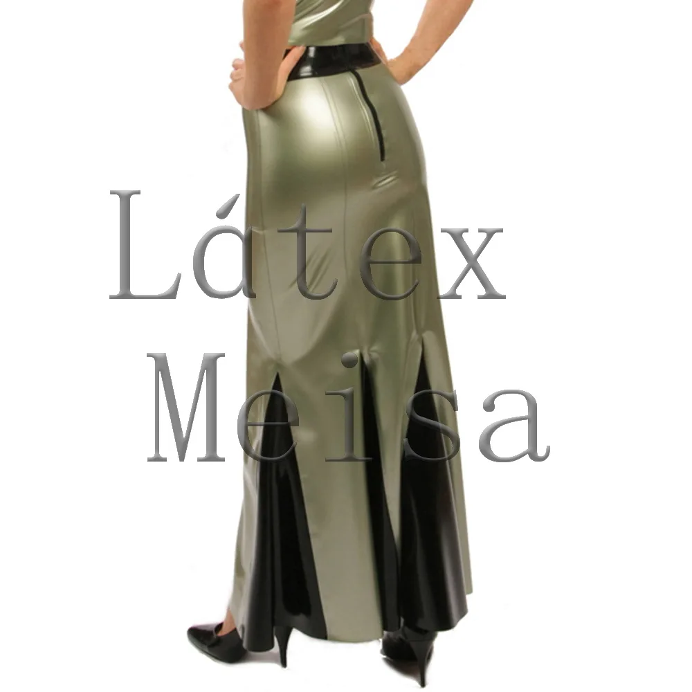 Bling casual silver A-line pleated long latex skirt and decorative with black trim for women