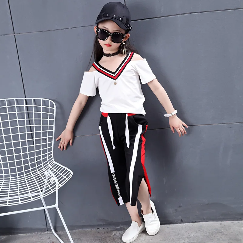 

2017 Children Clothing Fashion Sports Summer V-neck Off Shoulder Shirt+Pant 2pcs Sets School Teenage Girls Clothing Sets 4-16Y