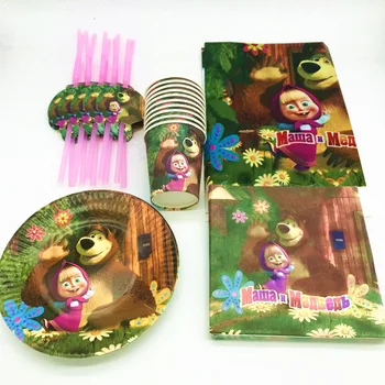

51Pcs Masha And Bear Theme Design Kids Girl Birthday party Paper Plate Cup Napkin Straw Tablecloth Disposable Tableware Supplies