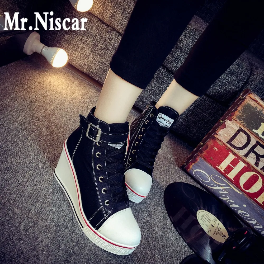 

Wedge Heels Canvas Shoes Woman 2018 Fashion High Top Shoes Women Platform Zipper Buckle Strap Womens Sneakers Shoes Plus Size