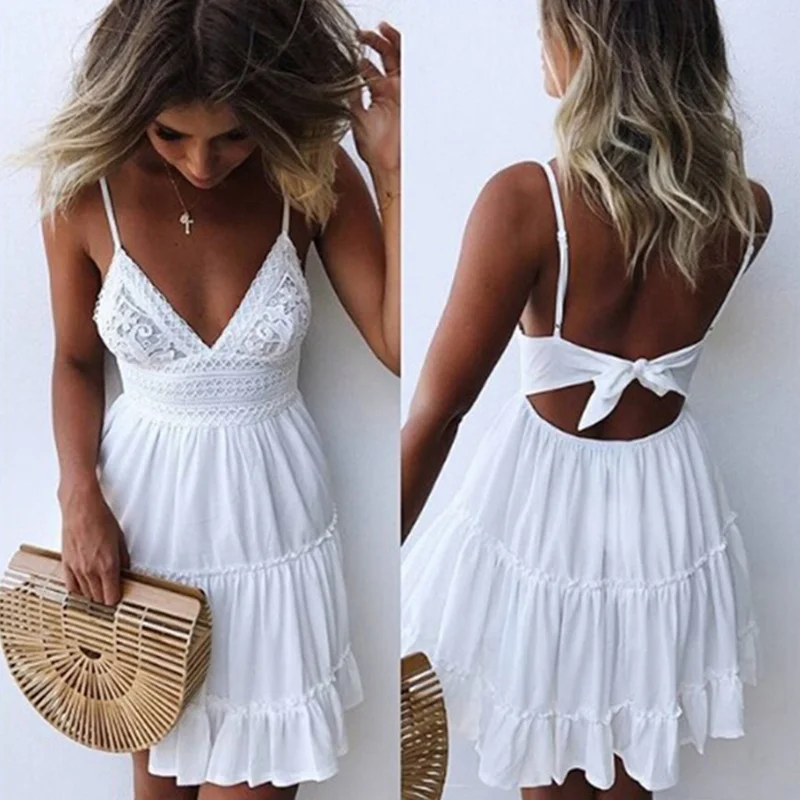 

2019 Summer Women Lace Sleeveless Princess Casual Dress Ladies Sexy V-neck Sleeveless Beach Sun Mini Dress