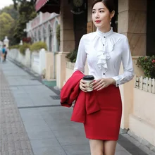 Весенне-осенние женские деловые костюмы юбка из двух частей и топ комплект женские белые блузки с оборками с длинным рукавом