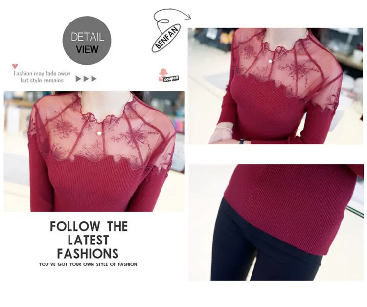 Sexy Slim Pullovers Female 2019 New Long Sleeve Gauze Lace Stitching Sweater Women Fashion Knitted Sweater Sueter Mujer (13)