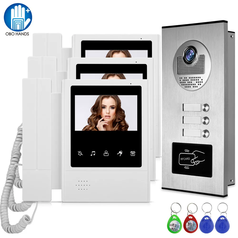 4.3 inch Color Wired Video Intercom Door Bell RFID Camera with 3 monitors IR doorphone Support EM Lock for multi Home/Apartments