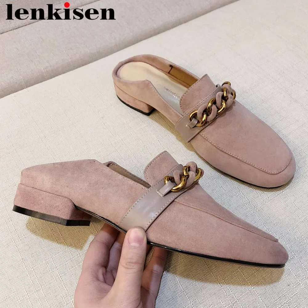 

Lenkisen metal decoration genuine leather chunky low heels slip on mules elegant lady wedding party shoes square toe pumps L36