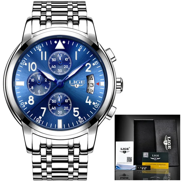 Relogio Masculino, мужские часы, водонепроницаемые, кварцевые, бизнес часы, LIGE, Лидирующий бренд, Роскошные, мужские, повседневные, спортивные часы, мужские, Relojes Hombre - Цвет: Silver blue S