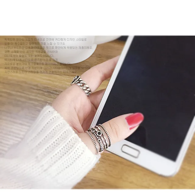 Anenjery Vintage Fashion Thai Silver Multilayer Black Hemp Rope Opening Rings 925 Sterling Silver Men Women Ring S-R356