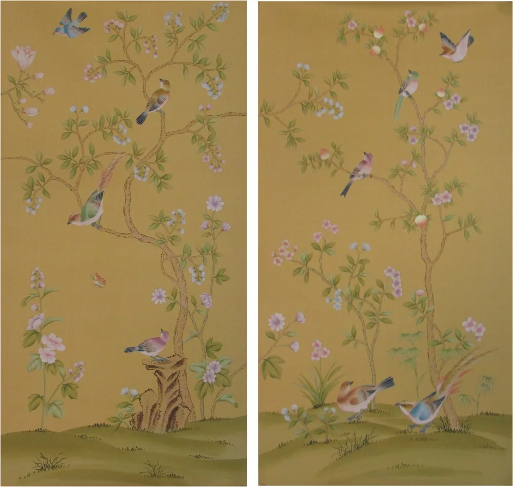 

Hot sales Classic Hand-painted non-woven silk wallpaper painting flower with bird wallcovering many arts and background optional