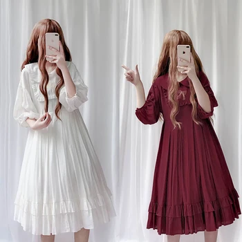 

Lolita Dress Sweet Cute Puff Sleeves Japanese Kawaii Girls Princess Maid Vintage Skirt Bow Overall Doll Collar