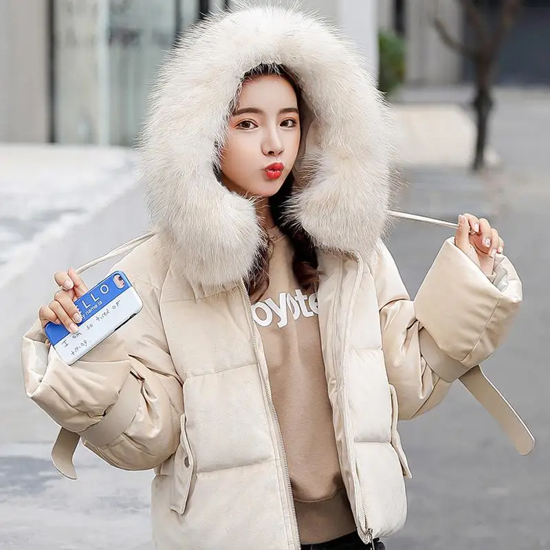 Ly Varey Lin Women Winter Cotton Padded Jacket Coats Warm Thickened Short Velvet Parka Female Hooded Fur Collar Casual Outerwear - Цвет: Beige