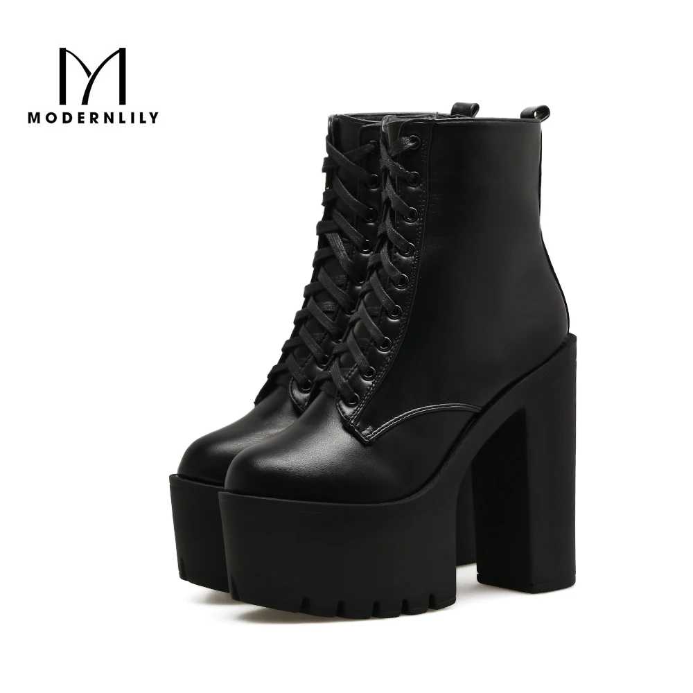 

Motorcycle Boots Women Black PU Extreme High Heels Lace-Up Zip 2017 Autumn Brand Platform Punk Ankle Boots Women Free Shipping