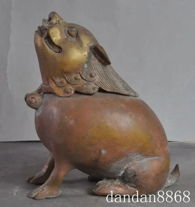 

statue Crafts statue old chinese bronze foo dog lion beast Monster statue incense burner Censer halloween