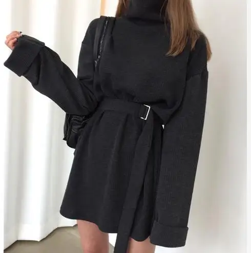 real shot 2019 spring women's solid turtleneck long sleeve dress female bandage plus size straight cotton dresses LJ118 | Женская
