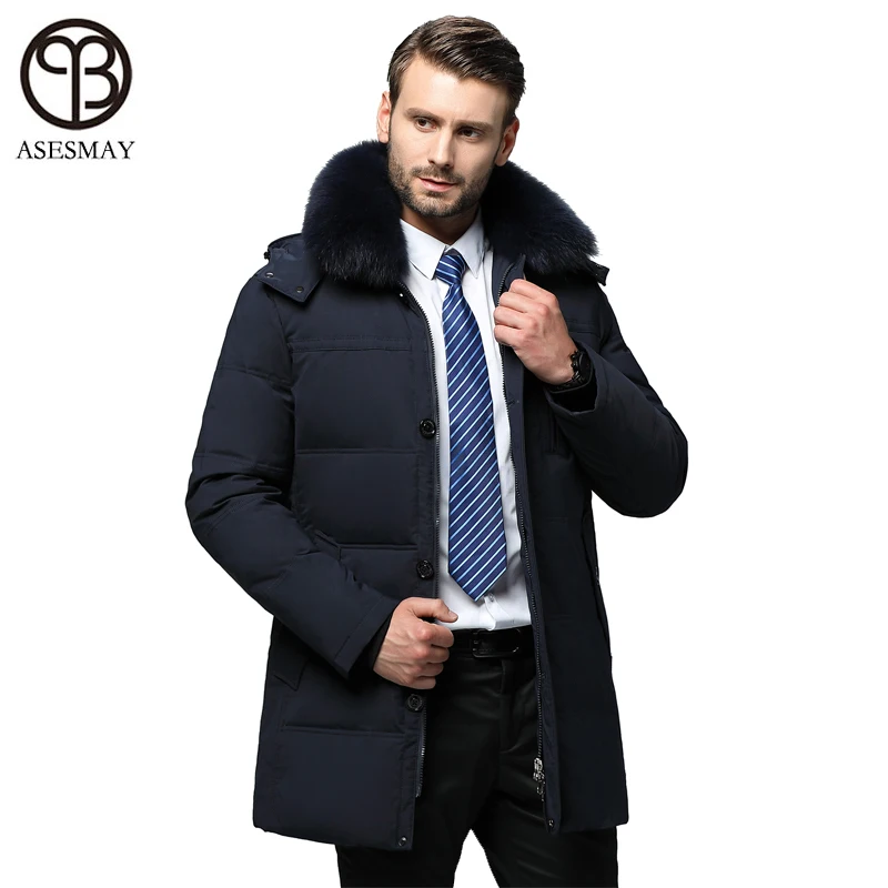 Asesmay, Новое поступление, мужской пуховик, зимнее плотное пальто, длинный пуховик, парка с воротником из натурального меха, толстовки с гусиным пером, зимние мужские куртки