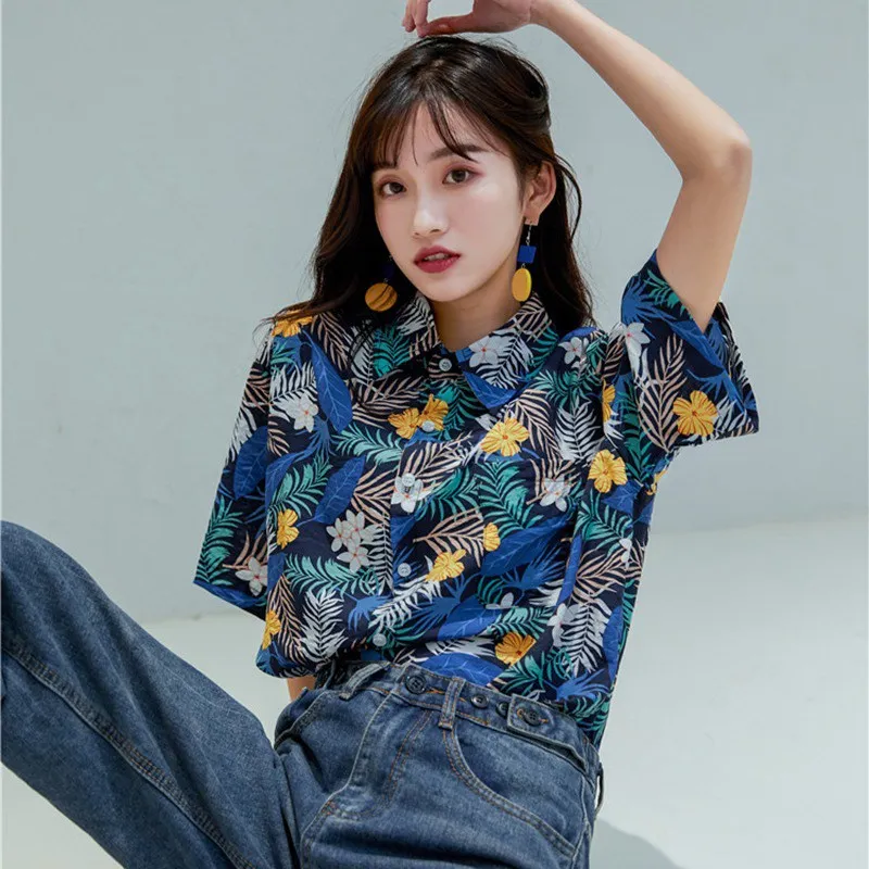 

ETOSELL Hawaiian Style Short Sleeve Chiffon Blouse Women's Flower Print Turn-down Collar Blouse Top