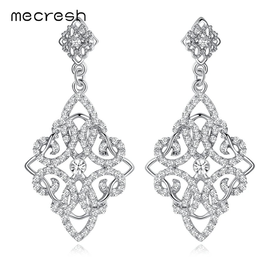 Серьги Mecresh с искусственным жемчугом, геометрические, серебряный цвет, свадебные серьги, хрустальные, в форме цветка, длинные висячие серьги для женщин MEH1082
