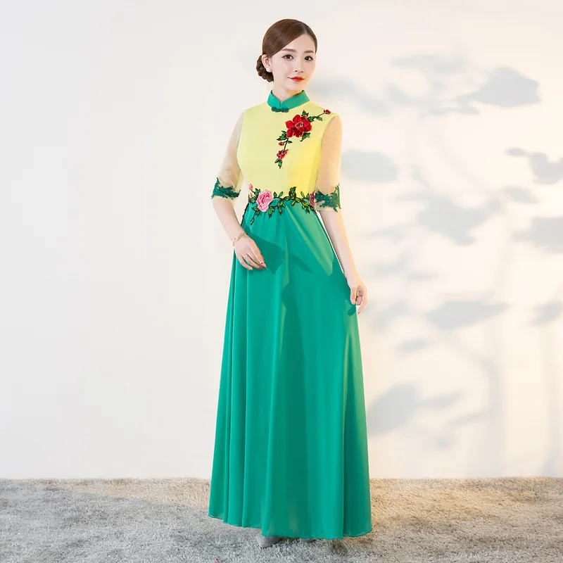 7166 44 De Réductionjaune Vert Broderie Cheongsam Long Qipao Femmes Robes Traditionnelles Chinoises Rétro Robe De Soirée Robe Orientale In