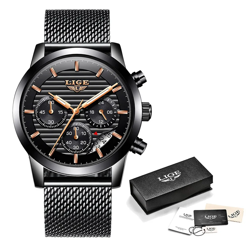 

LIGE Watches Mens Quartz Watch Casual Fashion Watch Mesh Belt Sport Men Watch Business Personality Clock Relogio Masculino+Box