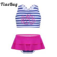 TiaoBug/детский купальник-танкини в полоску из двух предметов для девочек, купальный костюм, купальный костюм, детские топы с шортами и юбкой, комплект бикини
