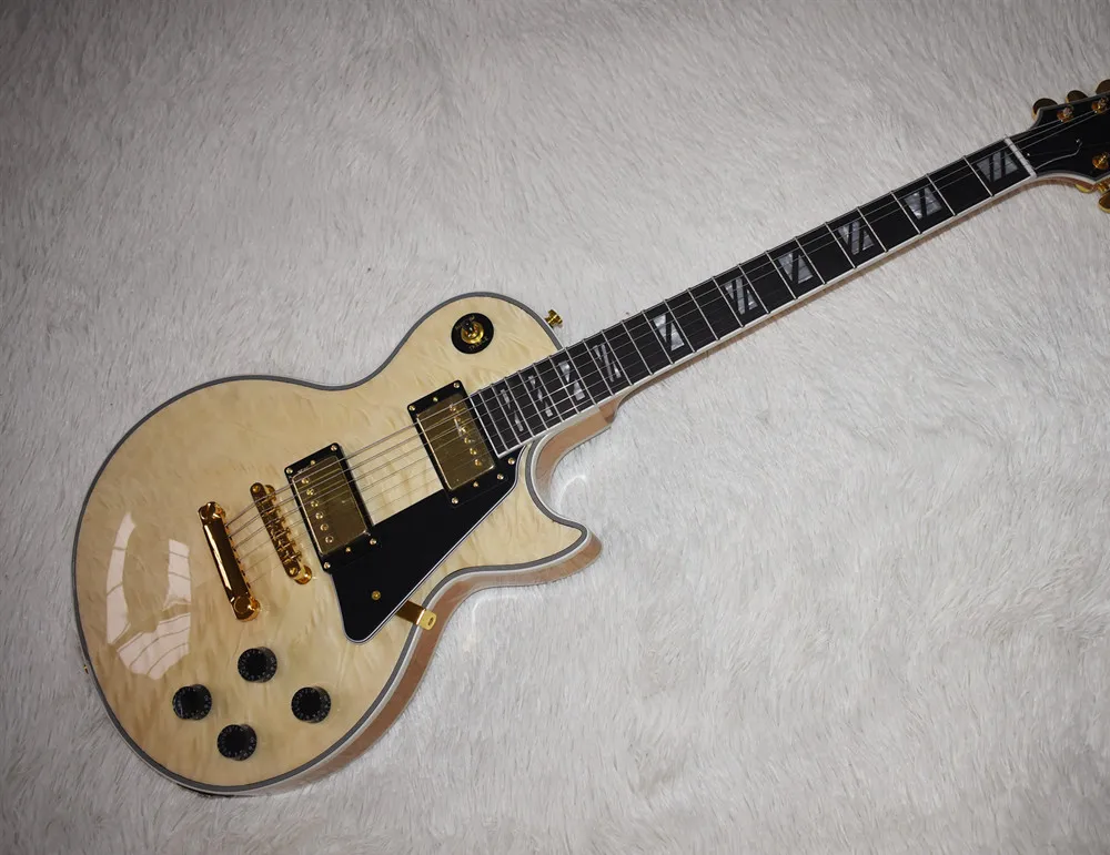 

Factory custom wood color electric guitar with gold hardware, gold pickup, block Frets mosaic, white binding, customizable