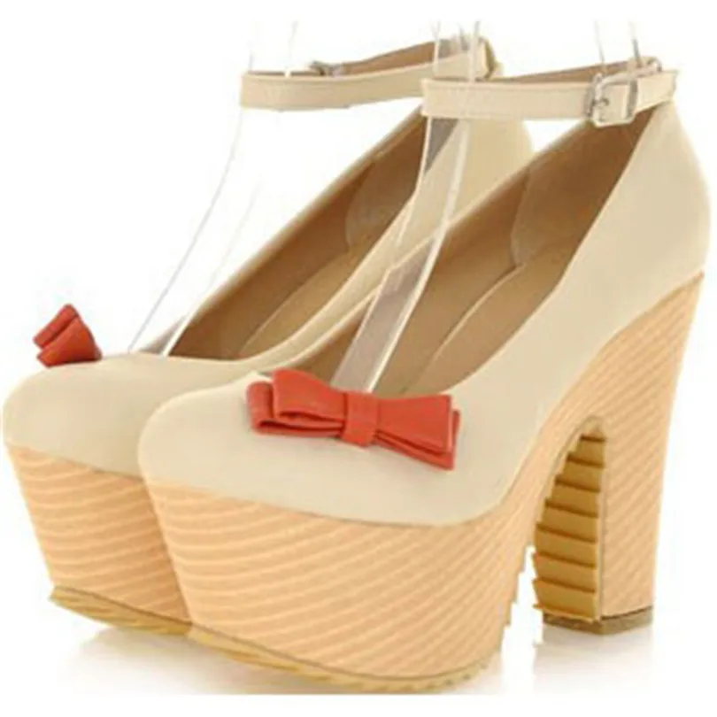 

Fashion 2016 Women's High Heel shoes Pumps For Women Casual Dress Sexy Thick Platform pumps  Bowtie Ankle Strap Shoes