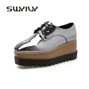 

SWYIVY Women's Sneakers Platform Square Toe 2018 Wedge Ladies Fashion Leisure Shoes Glossy Patent Leather Female Casual Sneakers