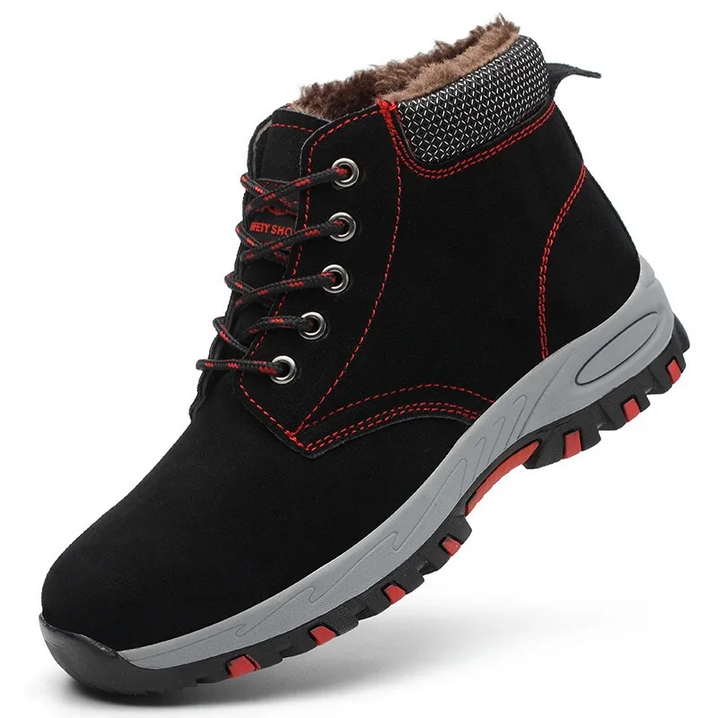 

large size mens casual warm plush steel toe cap work safety shoes winter snow ankle security boots cow suede leather cotton bota