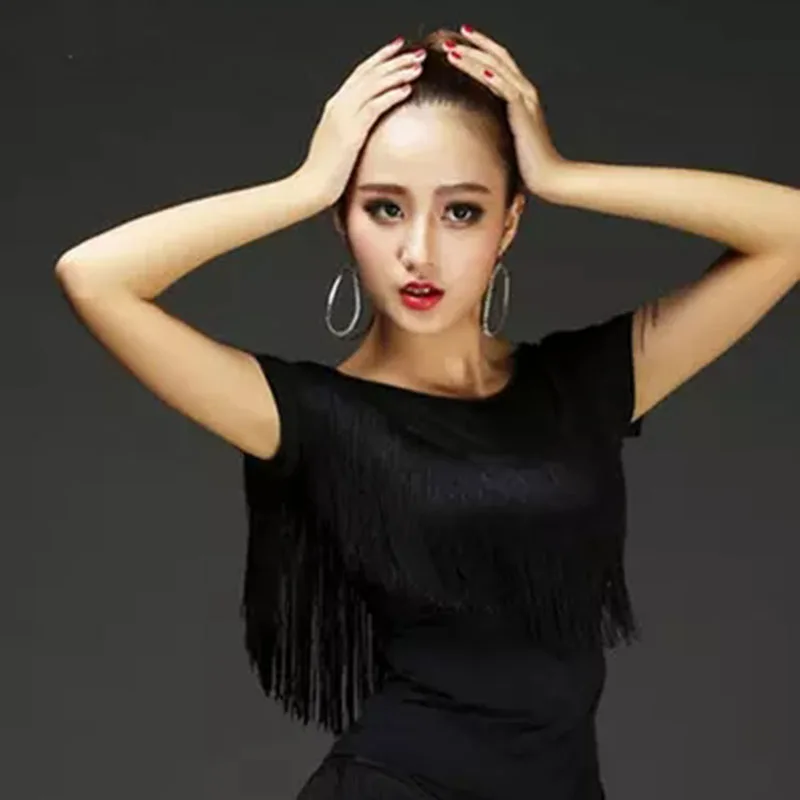 

New Adult Latin Dance Tops Female Short Sleeve Lady Dancing Practice Shirt Sexy Women Ballroom Cha Cha Samba Tassel Dancewear