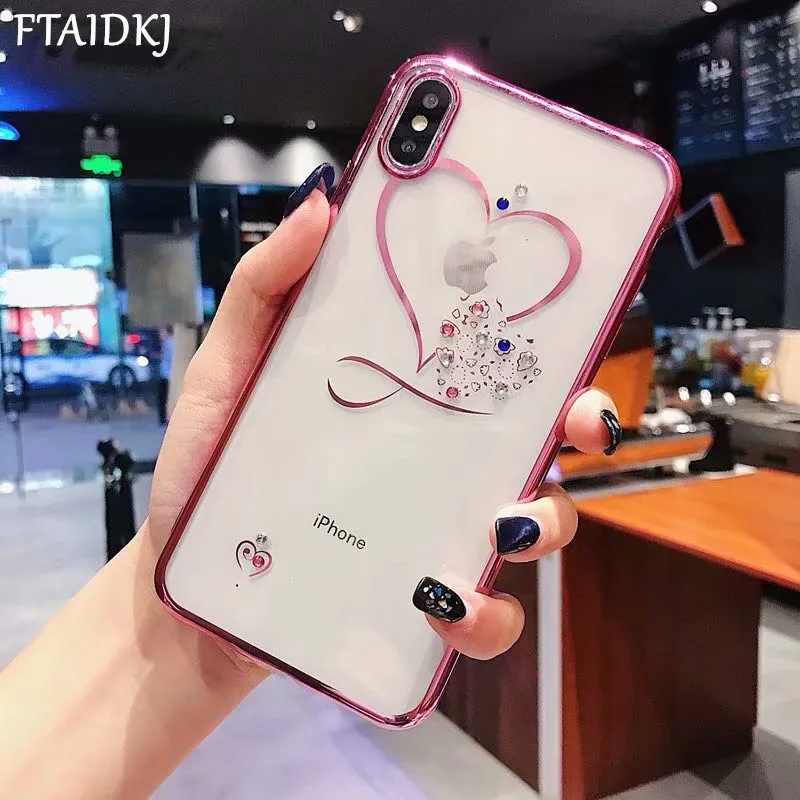 

FTAIDKJ Luxury Transparent Soft Back Cover For iphone 7 6 6S 8 Plus 10 XS Max XR X Clear Case Bling Rhinestone Heart Love Cover