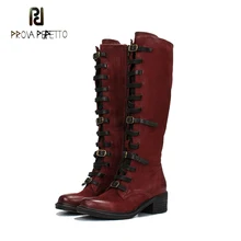 Prova Perfetto Women Knee High Boots Retro Knight Boot Autumn Winter Zipper Boots Straps Shoes Woman Platform Rubber Long Boots